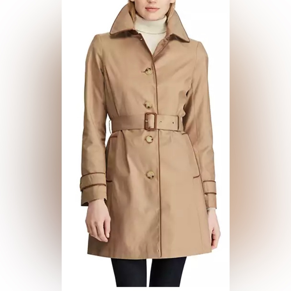 Lauren Ralph Lauren Faux Leather Trim Hooded Short Trench with Belt Sz SM NWT
